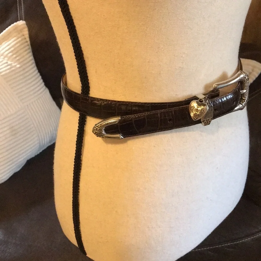 Brighton Silver Heart Charm Brown Leather Belt B7108 Croc Emboss Sz M/30 Basic